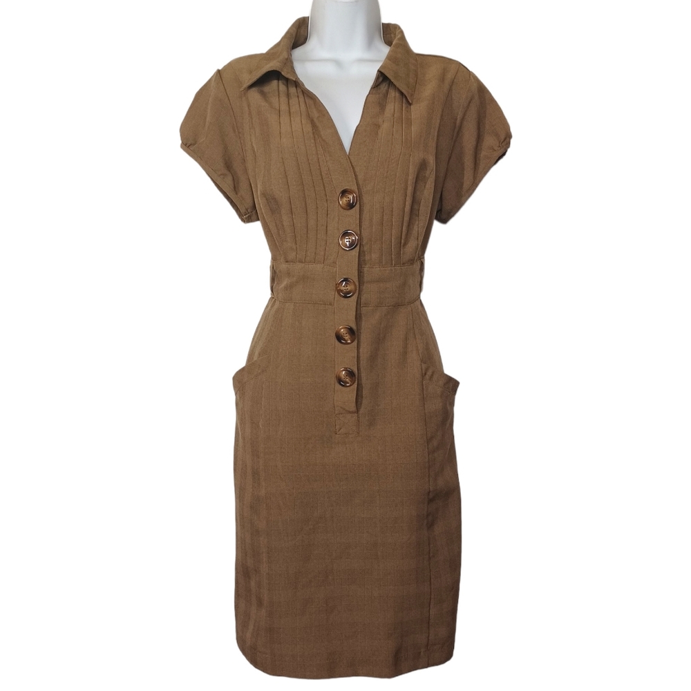 VTG ROBBIE BEE Brown Plaid Print Button Front Short Sleeve Dress 12 Large
